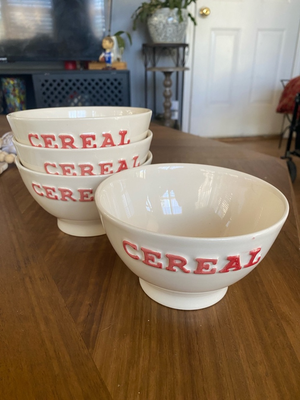 Cream Ceramic Cereal Bowl with Red Lettering - Set of 4